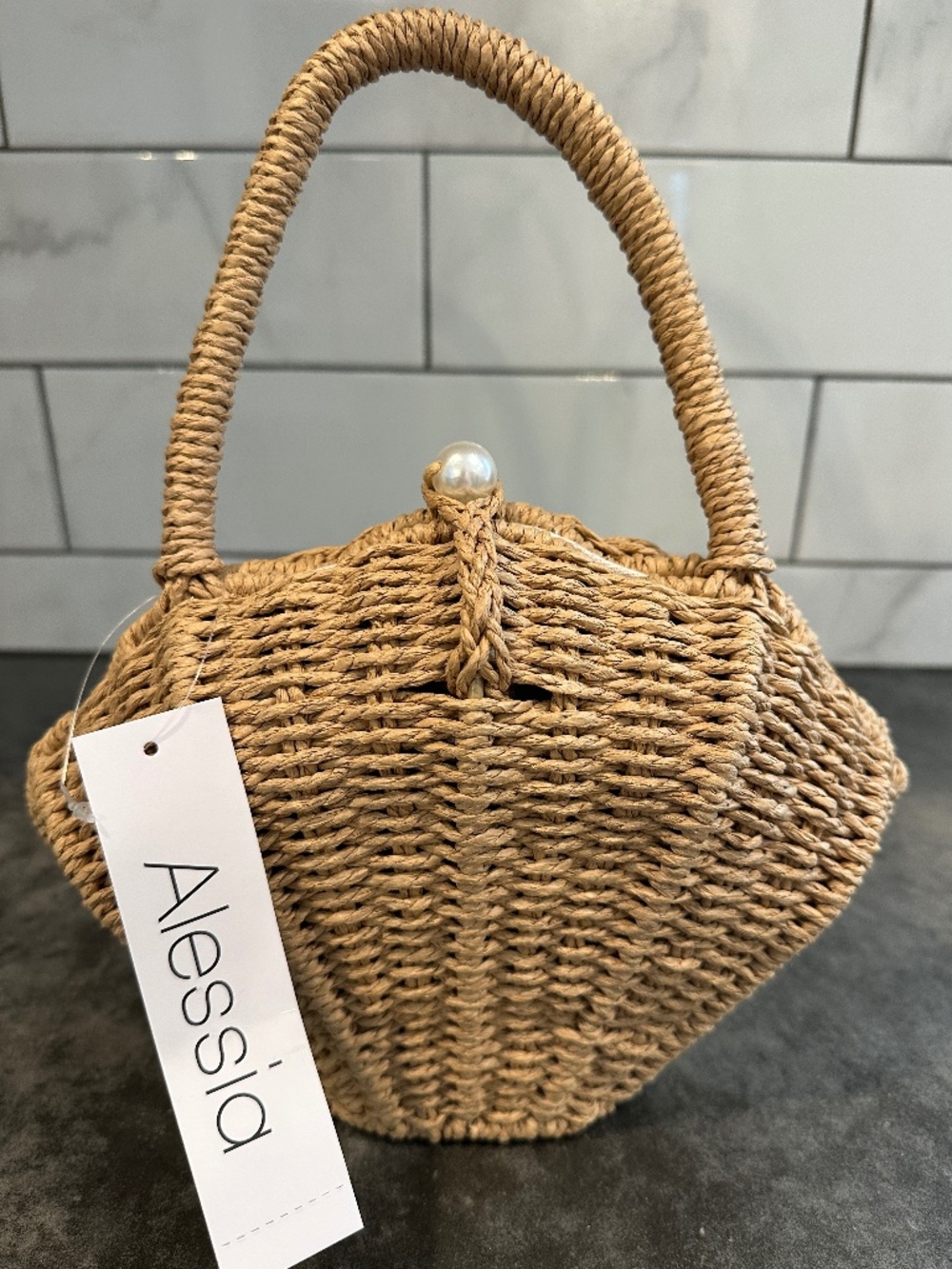 Alessia Scallop Shell Woven Straw Top Handle Pearl Closure Bag Purse Cloth Lined